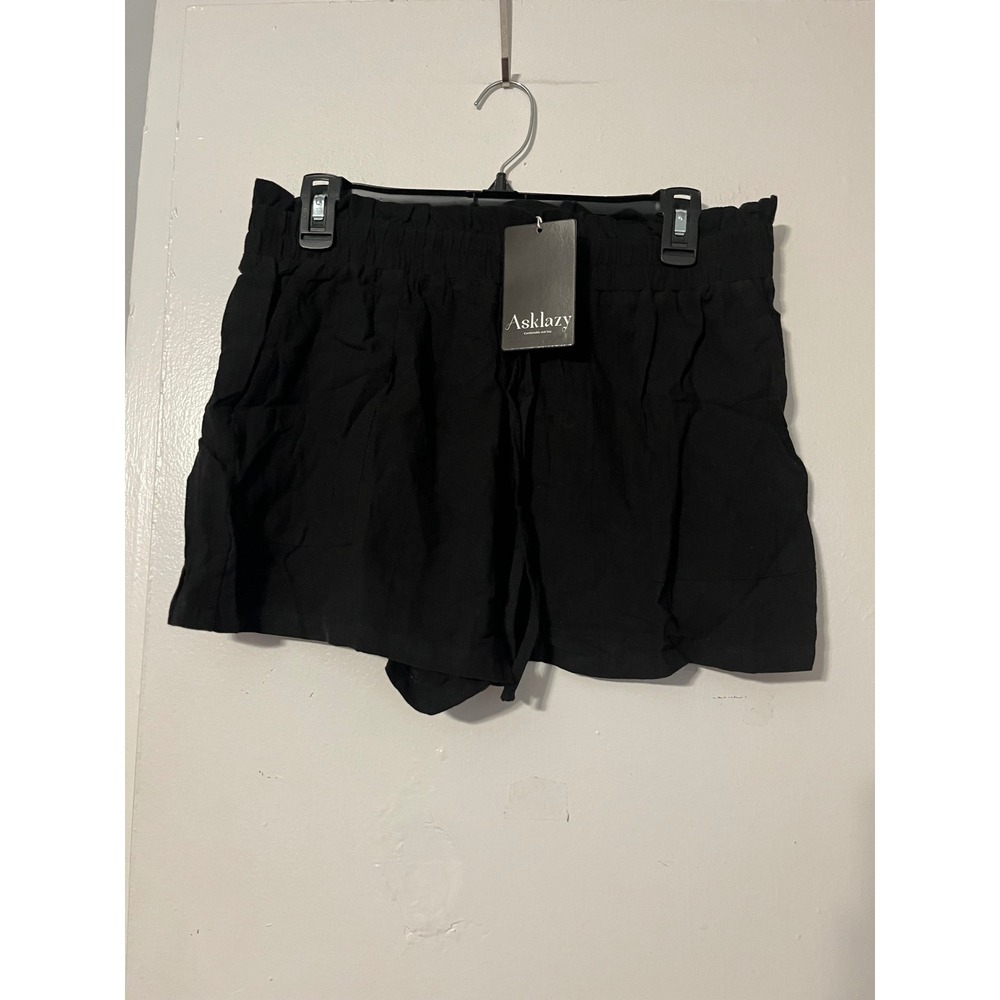 Asklazy Women Black 100% Cotton Paperbag Waist HighRise Drawstring Shorts XL NWT